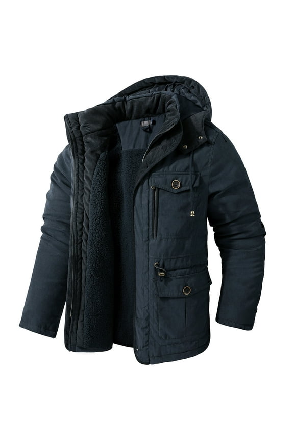 Men's Winter Hooded Jacket Casual Sherpa Lined Fleece Coat Outerwear Warm Parka 3256 Blue 2XL