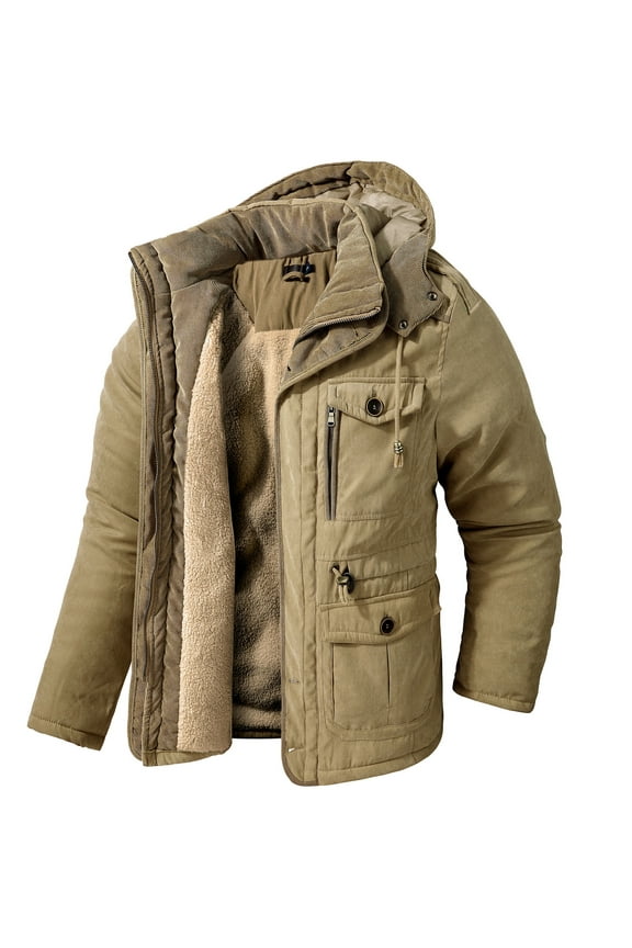 Men's Winter Hooded Jacket Casual Sherpa Lined Fleece Coat Outerwear Warm Parka 3256 Khaki L
