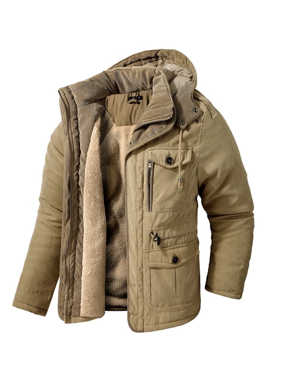 Men's Winter Hooded Jacket Casual Sherpa Lined Fleece Coat Outerwear Warm Parka 3256 Khaki XL