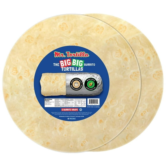 Mr. Tortilla Big Big Burrito Wraps - 12-13" - Small-Batch Artisan Tortillas, Restaurant Size, Made with Avocado Oil - Vegan Kosher (Traditional Flour, 12 Wraps)