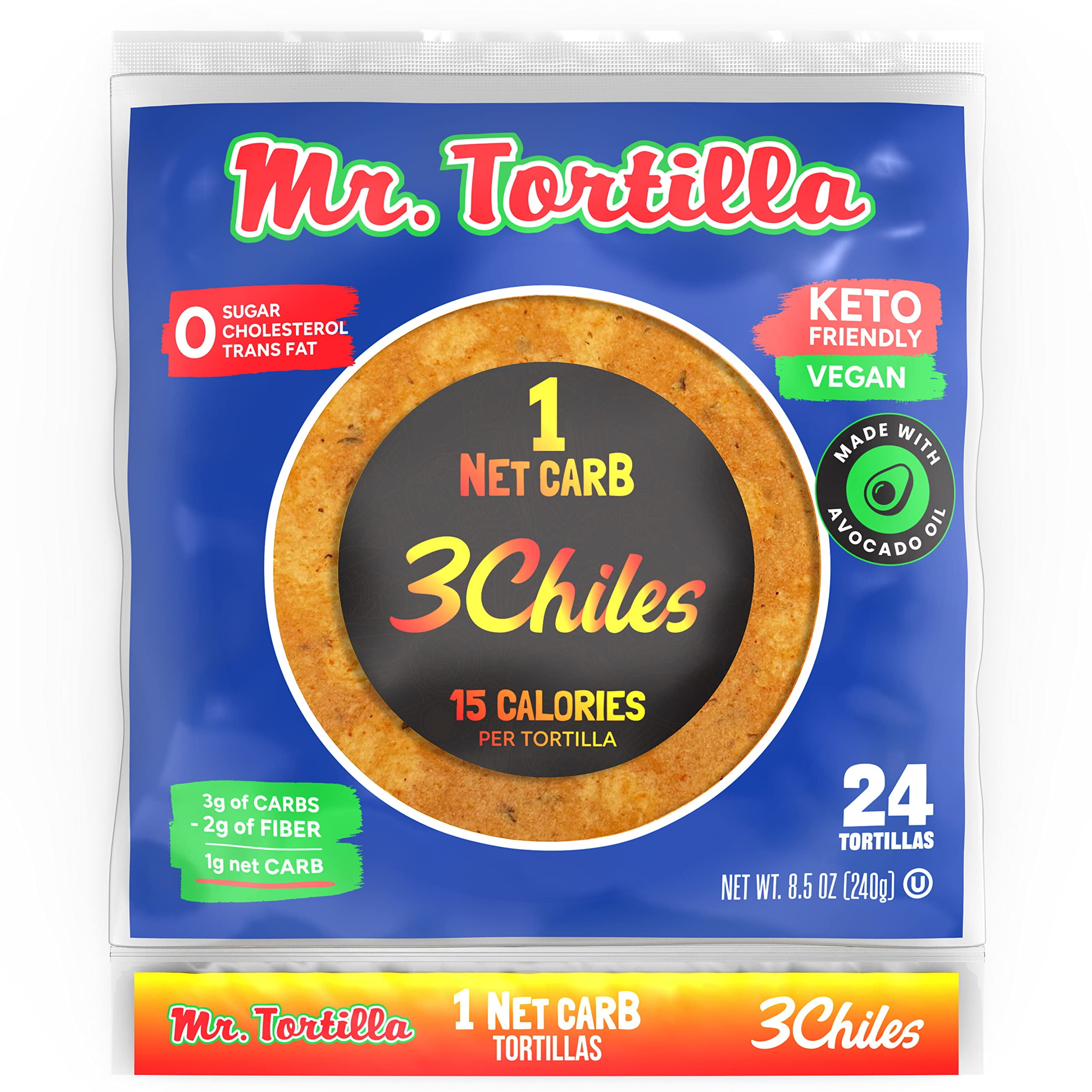 Mr. Tortilla Low TWE5Carb Keto Soft Taco Shells, Vegan Healthy Snacks & Bread Alternative, 1 Net Carb 15 Calories, Delicious Small Batch Kosher Wraps - (Spicy 3 Chiles, 24 Count)