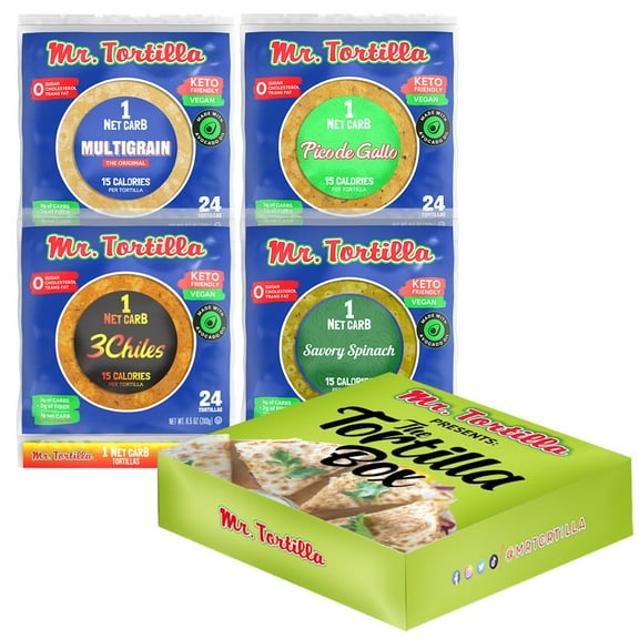 Mr. Tortilla Low Carb Keto Soft Taco Shells, Vegan Healthy Snacks & Bread Alternative, 1 Net Carb 15 Calories, Delicious Small Batch Kosher Wraps - (Variety Pack, 96 Count)
