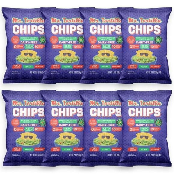 Mr. Tortilla Protein Keto MFF30 Chips - Dairy Free, Keto Friendly Tortilla Chips Protein Snacks, 3 Net Carbs Per Serving, 10g Protein per Bag, Low Carb (Multigrain 2 oz Bags, Pack of 8)