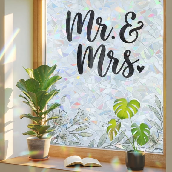 Mr Window Privacy Film, Mrs Stained Glass Rainbow Film Decorative Window Clings, Static Cling Sun Blocking Stickers 23.6" x 59"