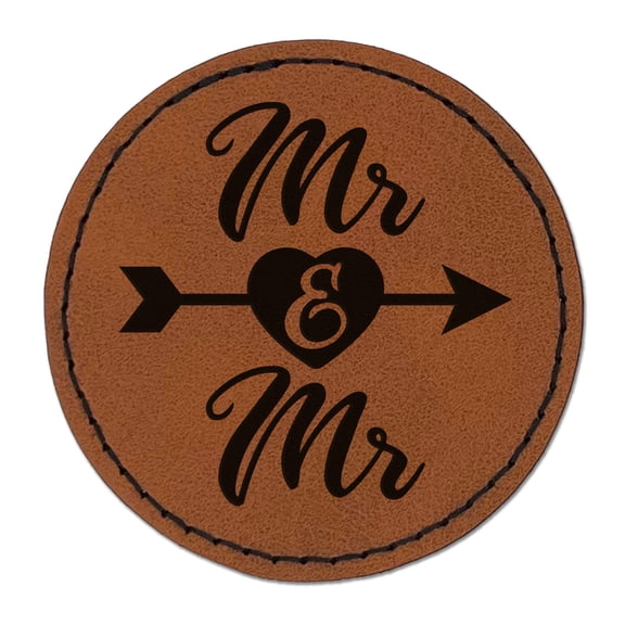 Mr and Mr Heart and Arrow Wedding 2.5" Faux Leather Round Engraved Iron-On Patch - Brown