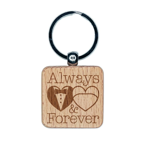 Mr and Mrs Always and Forever Wedding Tuxedo Gown Hearts Square Keychain Charm Tag - Engraved Wood