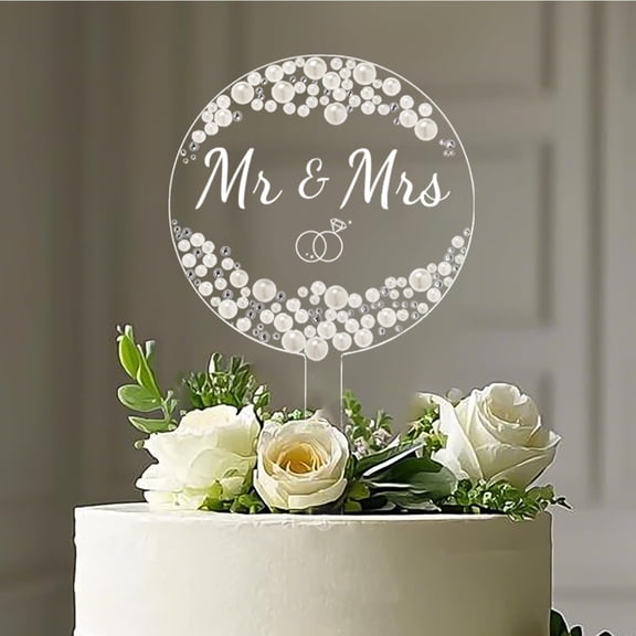 Mr and Mrs Cake Topper - Acrylic Wedding Cake Decor with Pearls and Rhinestones for Engagement Bridal Anniversary