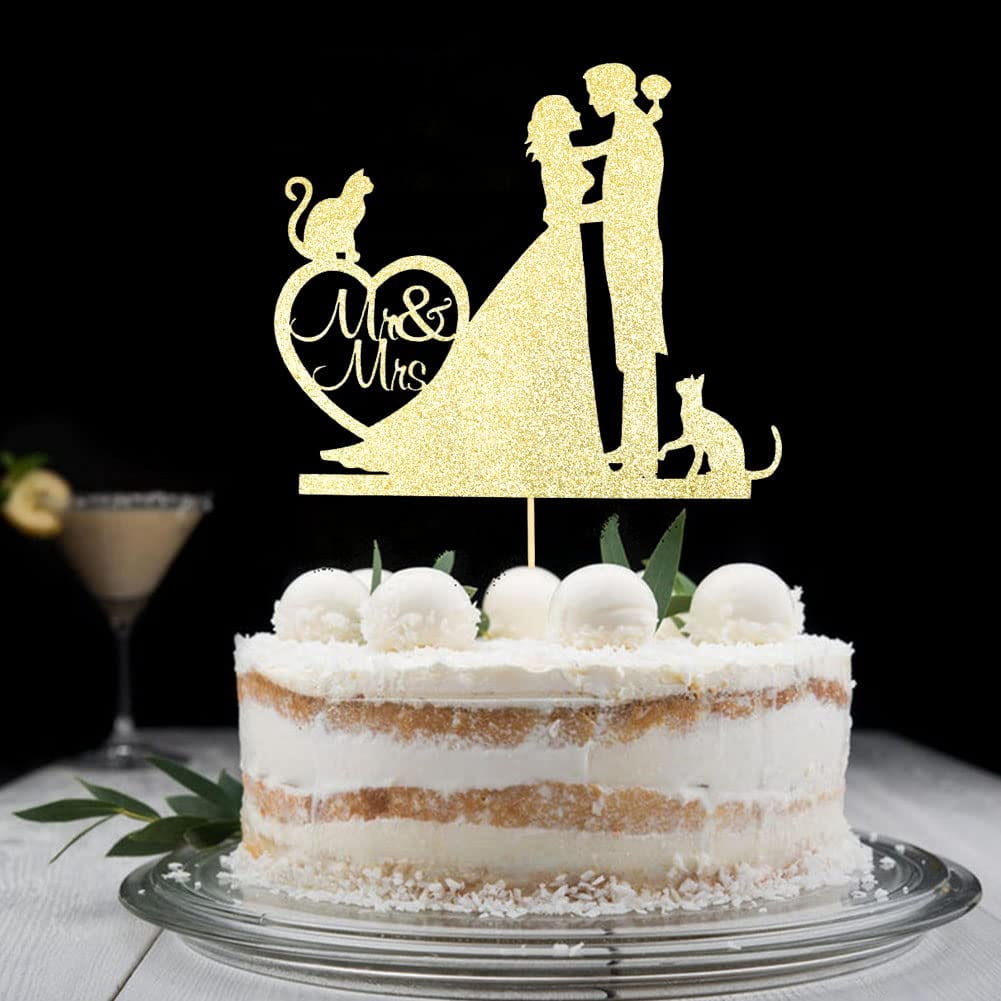 Mr & Mrs Cake Topper With Cats Silhouette - Gold Glitter Wedding Cake Decor, Pet-Themed Party Decoration