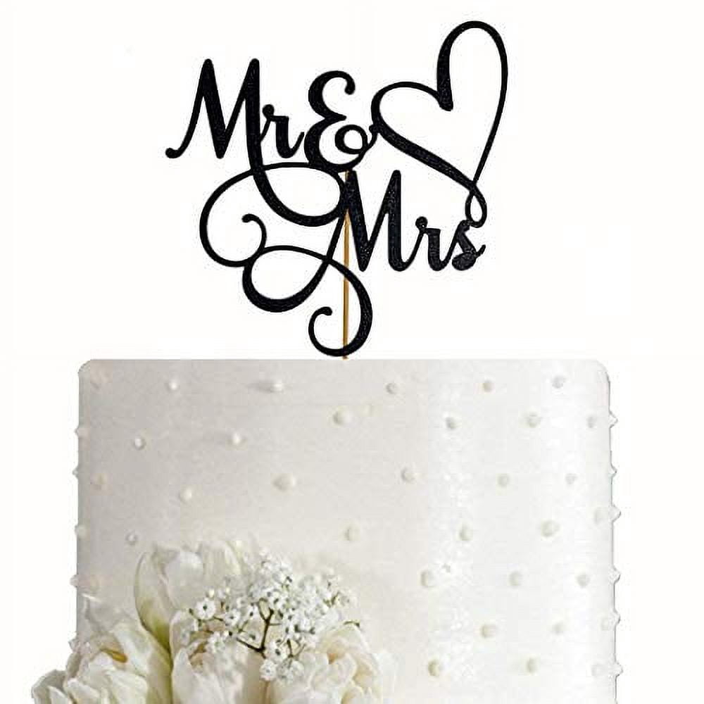 Mr & Mrs Wedding Cake Topper - Double-Sided Silver Glitter, Bride & Groom Sign, 7.3 X 6.7 Inches