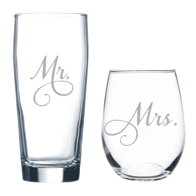 Mr. and Mrs. Etched Beer Glass and Stemless Wine Glass Combo (set of 2)