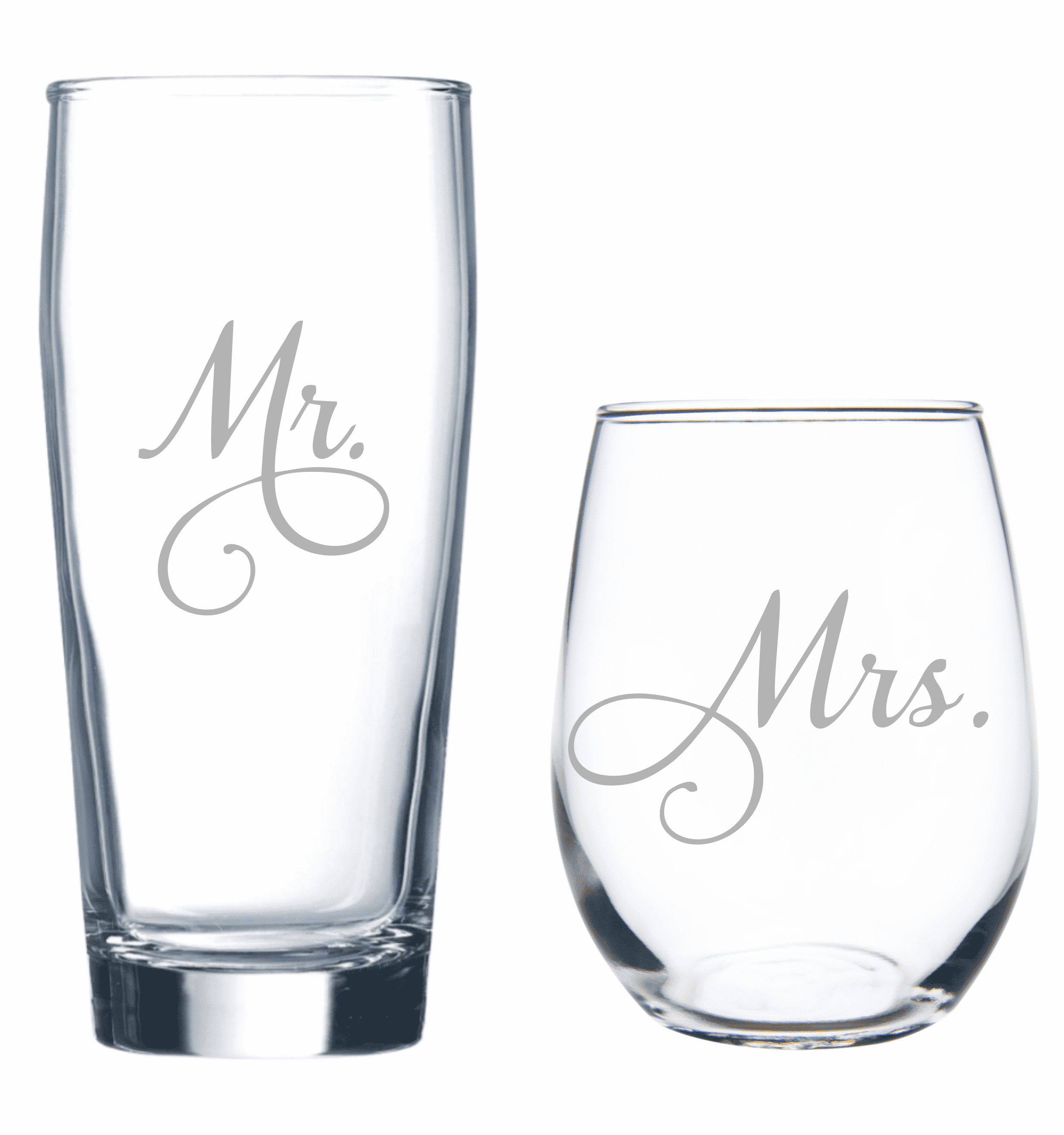 C&M Personal Gifts Mr. 20 oz Beer and Mrs. 15 oz Stemless Wine Glass Set of 2 - Bridal, Engagement, Weddings, Couple Gift