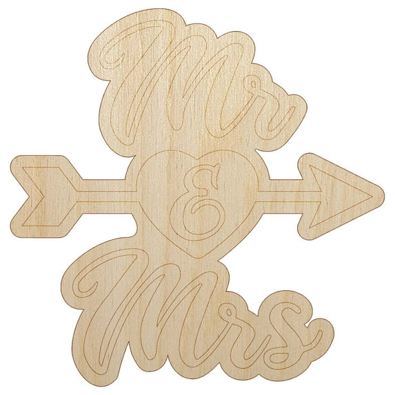 Mr and Mrs Heart and Arrow Wedding Wood Shape Unfinished Piece Cutout Craft DIY Projects - 4.70 Inch Size - 1/8 Inch Thick
