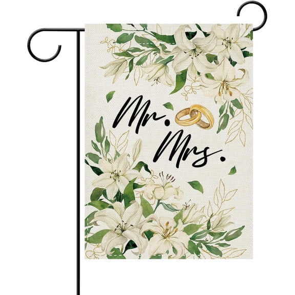 Mr. and Mrs. Just Married Decorative Garden Flag Double Sided Floral Wedding Lily Rings Outdoor Yard Decor 12 x 18