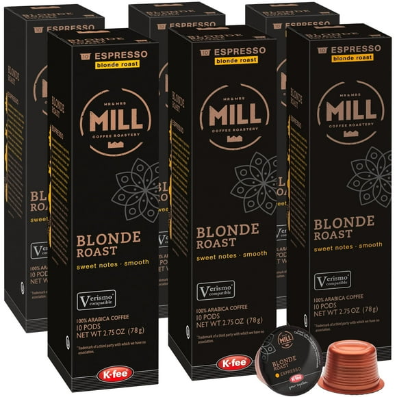 Mr and Mrs Mill Medium Roast Blonde Single-Origin K-fee & Starbucks Verismo* Compatible | 60 Count (6 boxes X 10 Pods) | Single Serve Espresso Pods