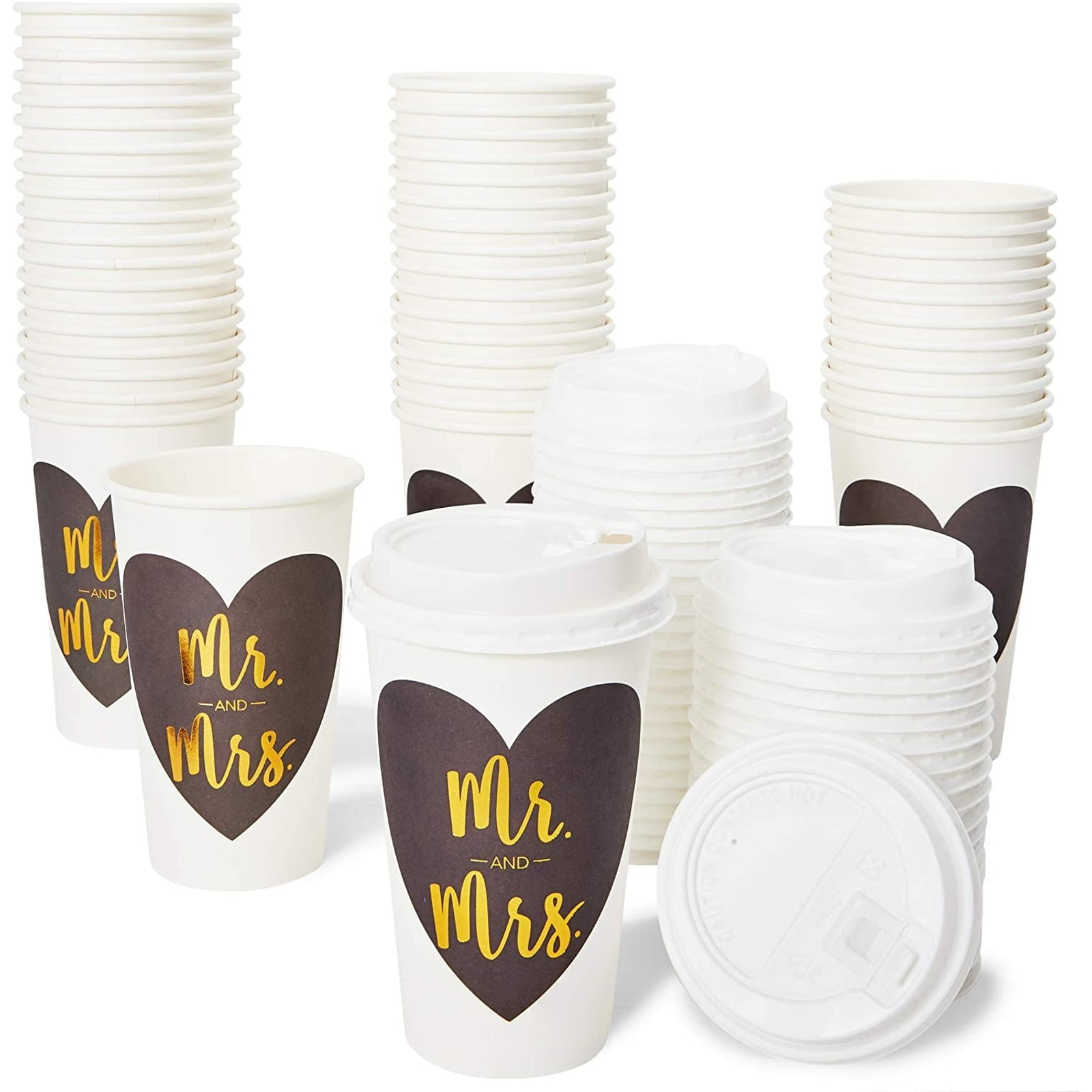 Mr and Mrs Paper Insulated Coffee Cups with Lids 16 oz 48 Pack