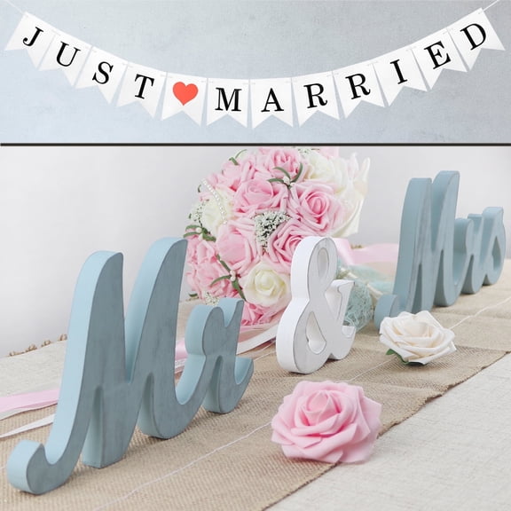 Classical Blue Mr and Mrs Signs with Just Married Banner, Wooden Freestanding Letters for Photo Props, Rustic Dec