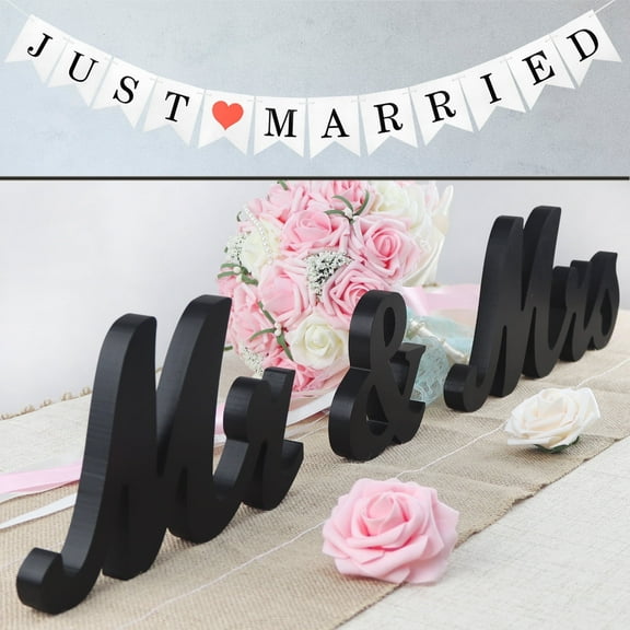 Black Mr and Mrs Signs with Just Married Banner, Wooden Freestanding Letters for Photo Props, Rustic Dec