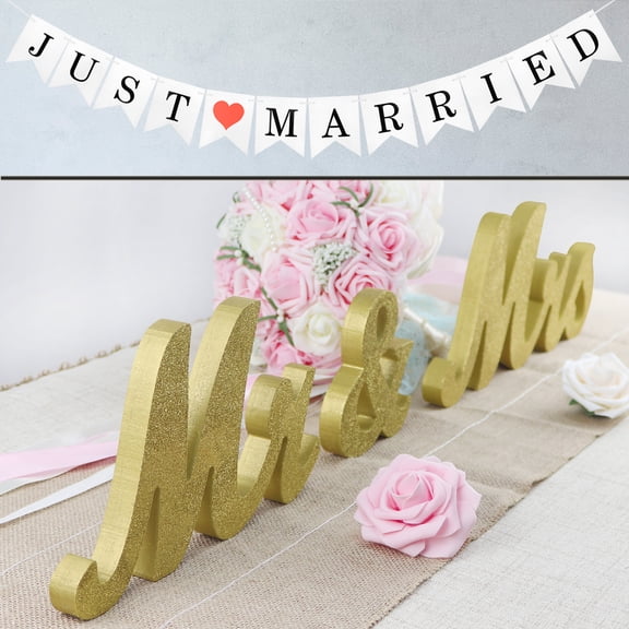Golden Mr and Mrs Signs with Just Married Banner, Wooden Freestanding Letters for Photo Props, Rustic Dec