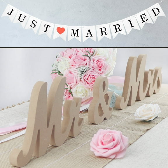 Wood Mr and Mrs Signs with Just Married Banner, Wooden Freestanding Letters for Photo Props, Rustic Dec