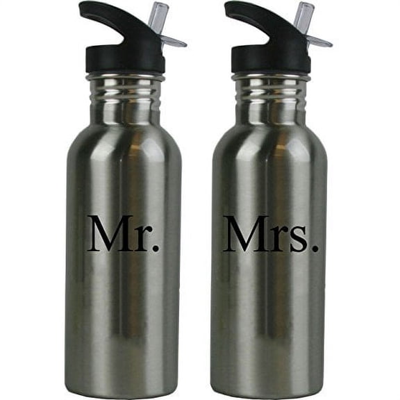 Mr. and Mrs. Stainless Steel Water Bottle Wedding Set with Straw Flip Tops 20 Ounce 600ml Sport Water Bottles