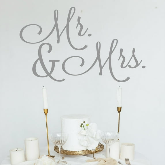 Mr. and Mrs. Vinyl Lettering Self Adhesive Decal Sticker Wedding Decor Wall Decals - Size: 20"H x 34"L - Color: Metallic Silver