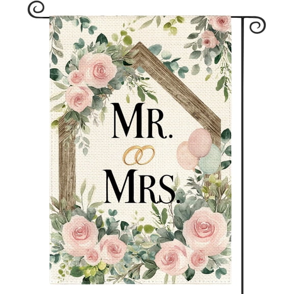 Mr and Mrs Wedding Garden Flag 12x18 Inch Double Sided Outside, Romantic Floral Welcome Yard Outdoor Decoration