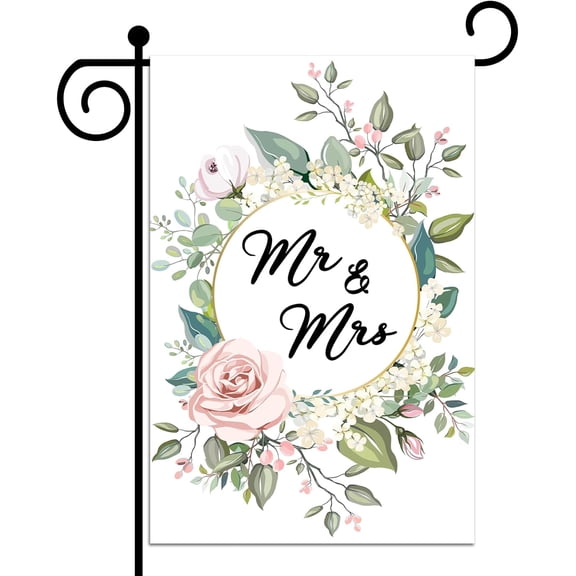 Mr and Mrs Wedding Garden Flag Double Sided Floral Yard Flag for Bride and Groom Anniversary Party Decorations 12 x 18 Inch