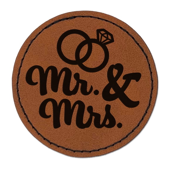 Mr. and Mrs. Wedding Rings 2.5" Faux Leather Round Engraved Iron-On Patch - Brown