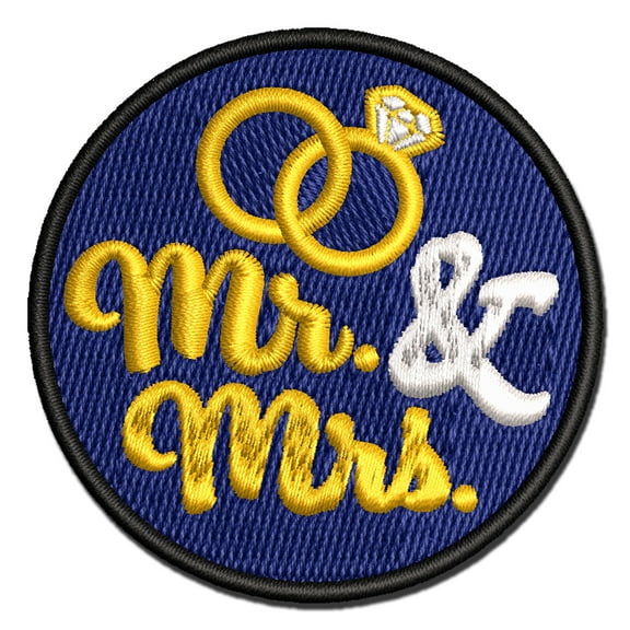 Mr. and Mrs. Wedding Rings Applique Multi-Color Embroidered Iron-On Patch - 2.0 Inch Mini