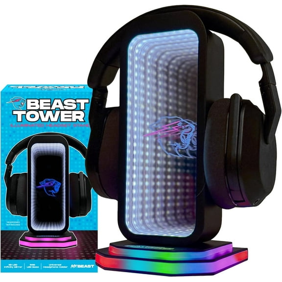 Open Box MrBeast Gaming Headphone Stand, RGB Light Display with Infinity Mirror Effect and Logo, Universal Headset Holder; USB Powered