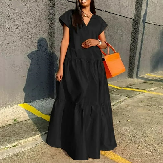 Mrasaso Clearance Items,Women Dress,Women's Summer Casual V-Neck Short Sleeve Dresses Solid Color Comfortable Everyday Wear Loose Fit Stylish Fashionable Daily Casual DressBlack S