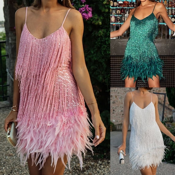 Mrasaso Deals of The Day Clearance,Women Dress,Women's Fashion Suspender Crewneck Sequin Feather Sleeveless Solid Mini Dress,Glamorous and Chic for Night OutGreen L