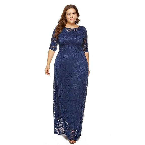 Mrasaso Fall Savings! Spring Dresses for Women 2025,Vestido de mujer Women's Fashion Hollow Out Lace Pocket Long Dress, Evening Dress for Elegant Party Wear,Navy|3XL