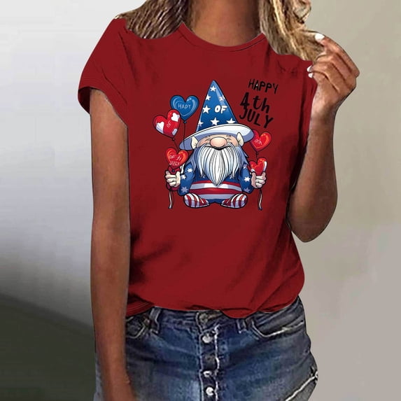 Mrasaso July 4th Shirts for Women Summer Tops Shoulder Length Women's Fashionable Round Neck Letter Printed Short Sleeved T-shirt Tshirts Shirts for Women