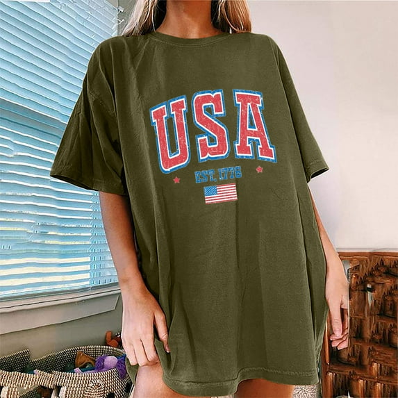 JASKFLY July 4th Shirts for Women Summer Tops Women's Fashion Imdependence Crewneck Printed Short Sleeve T-Shirt Casual Loose Shirt Tops Tshirts Shirts for Women