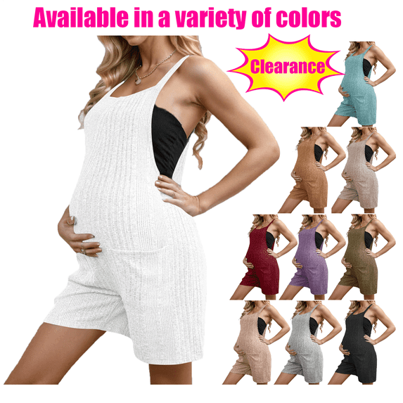 Mrasaso Maternity Capris Oversized with Zipper Women's Pregnant Women Solid Color Sleeveless Pocket Bib Shorts Jumpsuit White L