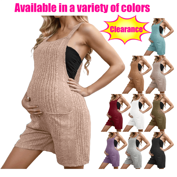 Mrasaso Maternity Pants Plus Size with Zipper for Virtual Meetings Women's Pregnant Women Solid Color Sleeveless Pocket Bib Shorts Jumpsuit Pink L