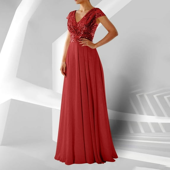 Mrasaso New Arrivals! Tennis Dress,Ladies' Summer Sequined Chiffon Patchwork Evening Gown Sleeveless V-Neck Dress,Elegant & Glamorous for Special Occasions & Evening WearRed XL(2XL)