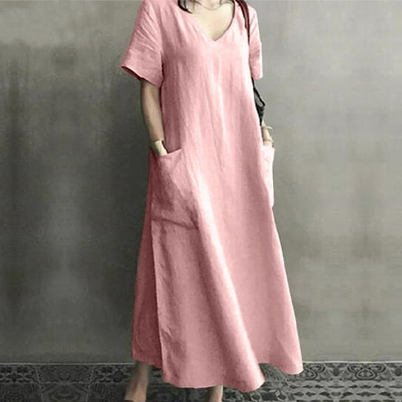 Mrasaso New Arrivals,Women Dress,Women’s Spring and Summer V-Neck Solid Cotton and Linen Casual Pocket Short Sleeved Dress, and ComfortablePink 3XL