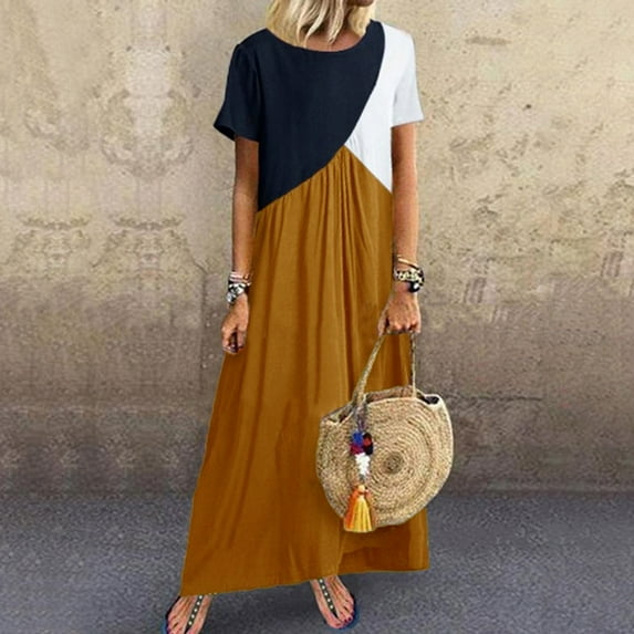 Mrasaso On-trend Low Spend! Beach Vacation Clothes for Women,Fashion Women Summer Casual Round-Neck Print Short Sleeve Loose Dress,Stylish & Breezy for Warm WeatherYellow L