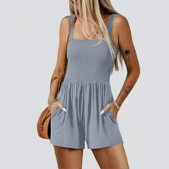 Mrasaso Rompers for Women Summer Casual Smocked Rompers Square Neck Sleeveless Loose Shorts Jumpsuit 2025 Beach Vacation Outfits