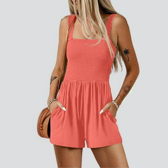 Mrasaso Rompers for Women Summer Casual Smocked Rompers Square Neck Sleeveless Loose Shorts Jumpsuit 2025 Beach Vacation Outfits