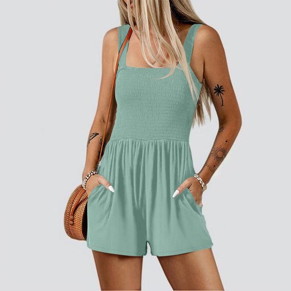 Mrasaso Rompers for Women Summer Casual Smocked Rompers Square Neck Sleeveless Loose Shorts Jumpsuit 2025 Beach Vacation Outfits
