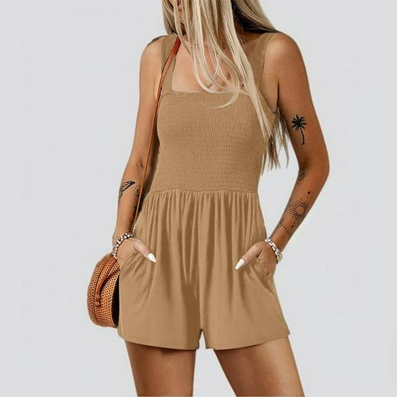 Mrasaso Rompers for Women Summer Casual Smocked Rompers Square Neck Sleeveless Loose Shorts Jumpsuit 2025 Beach Vacation Outfits