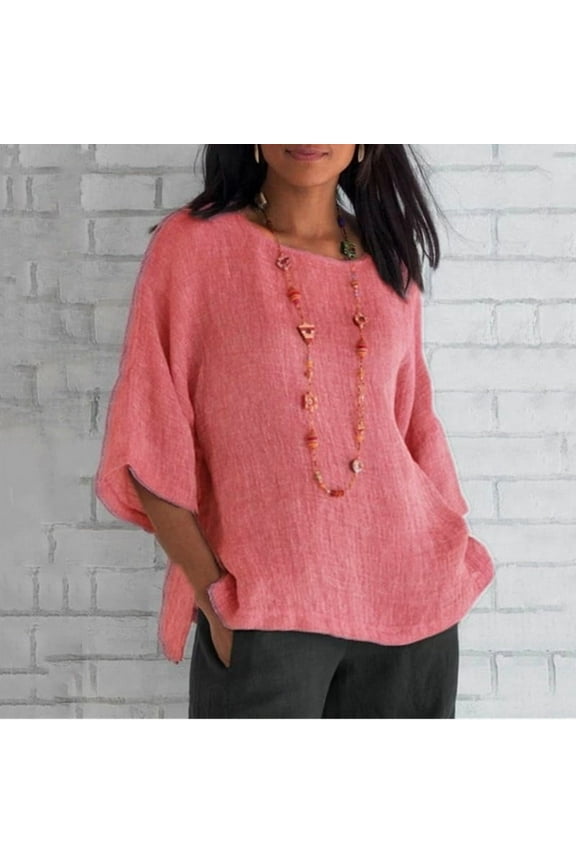 Round Neck Side Split Slit 3/4 Length Sleeve Casual Tops, XXL (Women's Plus)