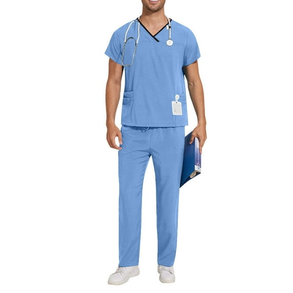 Mrasaso Scrubs Set for Men - Classic Round-Neck Stretch Top & Straight Pants Drawstring with Pocket, Elastic Waistband