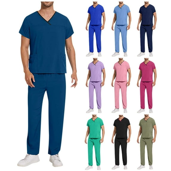 Mrasaso Scrubs Set for Men - Classic Round-Neck Stretch Top & Straight Pants Drawstring with Pocket, Elastic Waistband