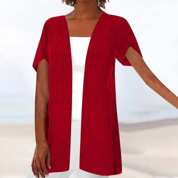 Mrasaso Summer Cardigans for Women Lightweight Solid 3/4 Sleeve Duster Cardigans Casual Comfort Open Front Cover Up Blouse Everyday Wear Beach Vacation Outfits Going Out Cardigan Wine XL