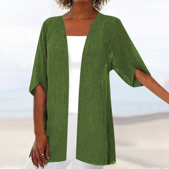 Mrasaso Summer Cardigans for Women Lightweight Solid 3/4 Sleeve Duster Cardigans Casual Comfort Open Front Cover Up Blouse Everyday Wear Beach Vacation Outfits Going Out Cardigan Green L