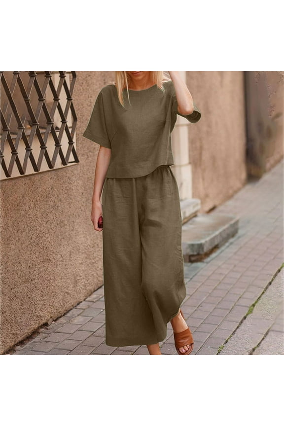 Summer Outfits for Women Cotton Linen 2 Piece Lounge Sets Short Sleeve Round Neck Tops Wide Leg Pants Tracksuits Khaki L